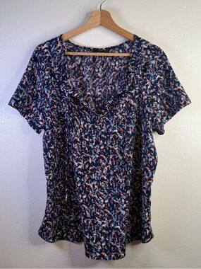 a.n.a Blue Blotter Design Lightweight Short Sleeve Boho Blouse Women's Size XL